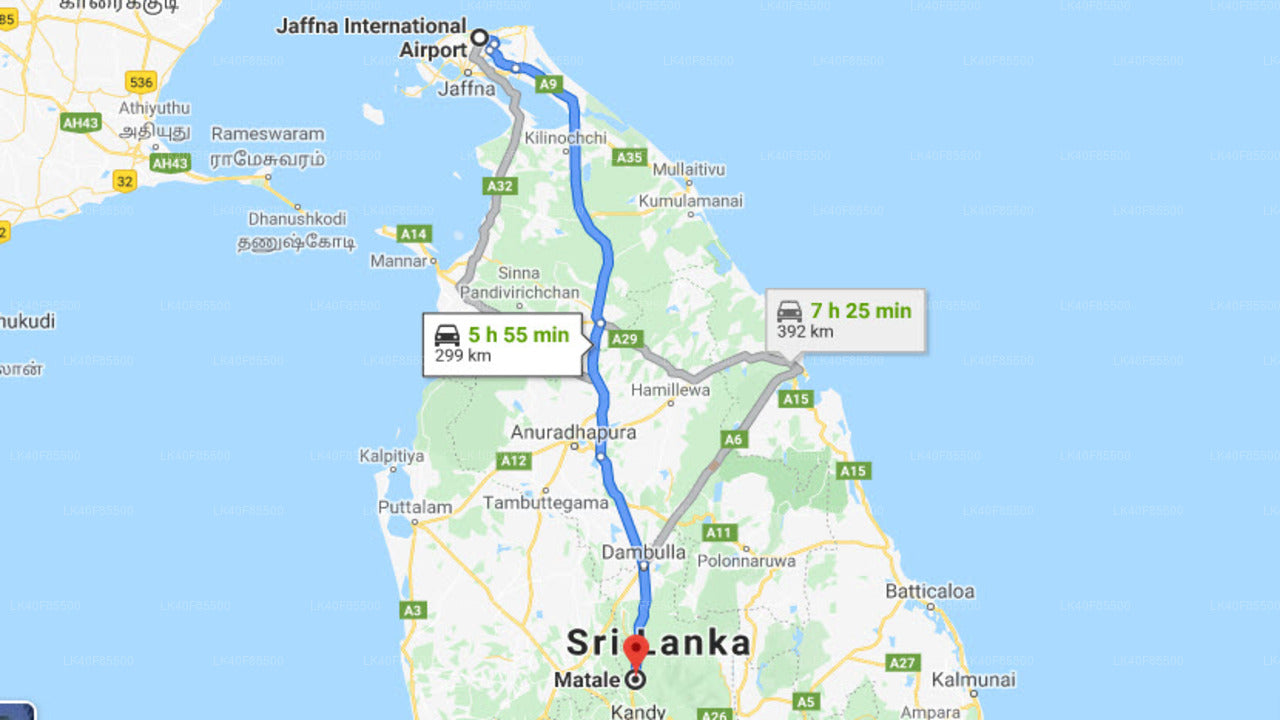 Jaffna Airport (JAF) to Matale City Private Transfer