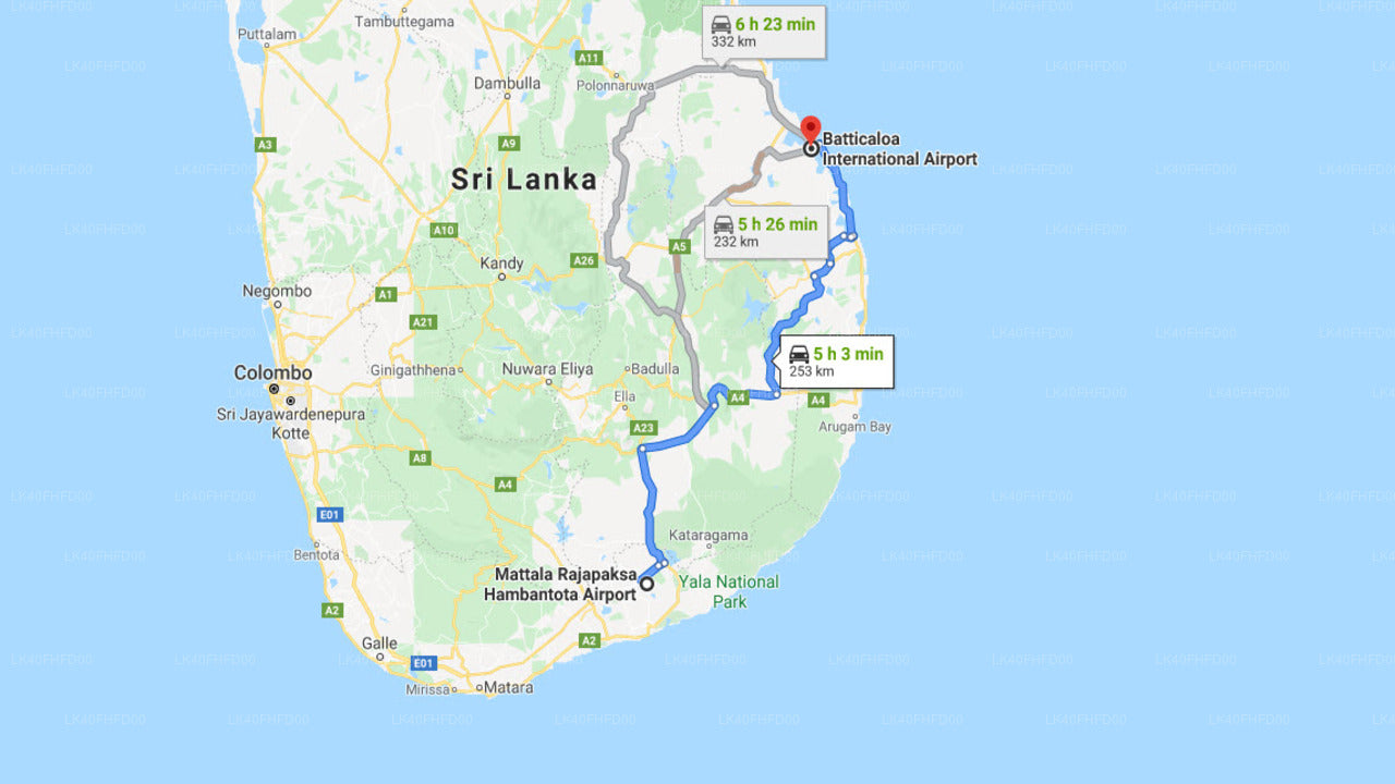 Mattala Airport (HRI) to Batticaloa Airport (BTC) City Private Transfer