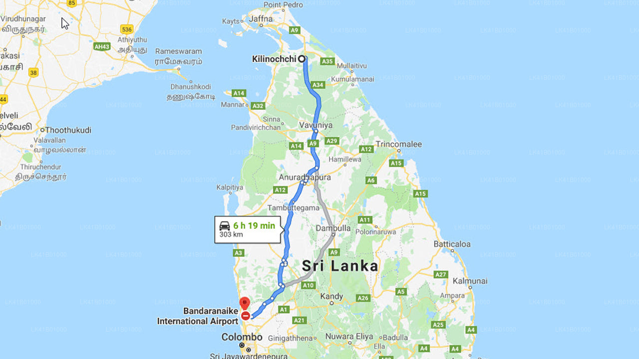 Kilinochchi City to Colombo Airport (CMB) Private Transfer