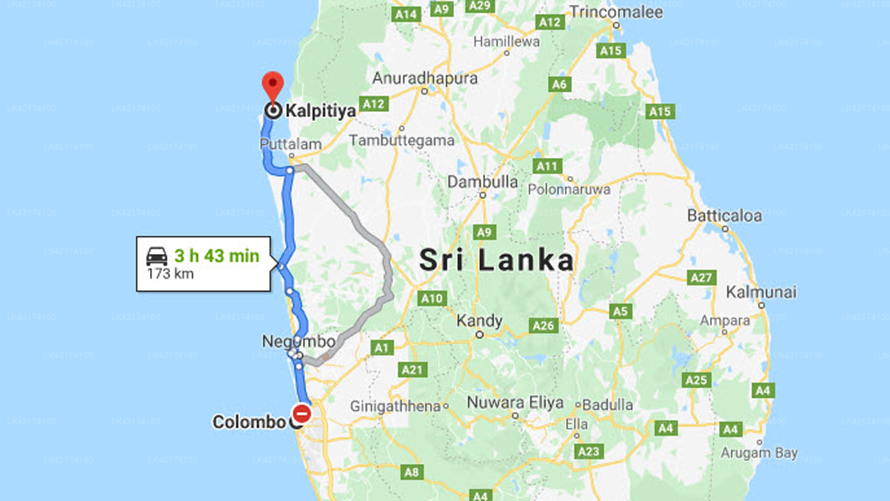 Colombo City to Kalpitiya City Private Transfer