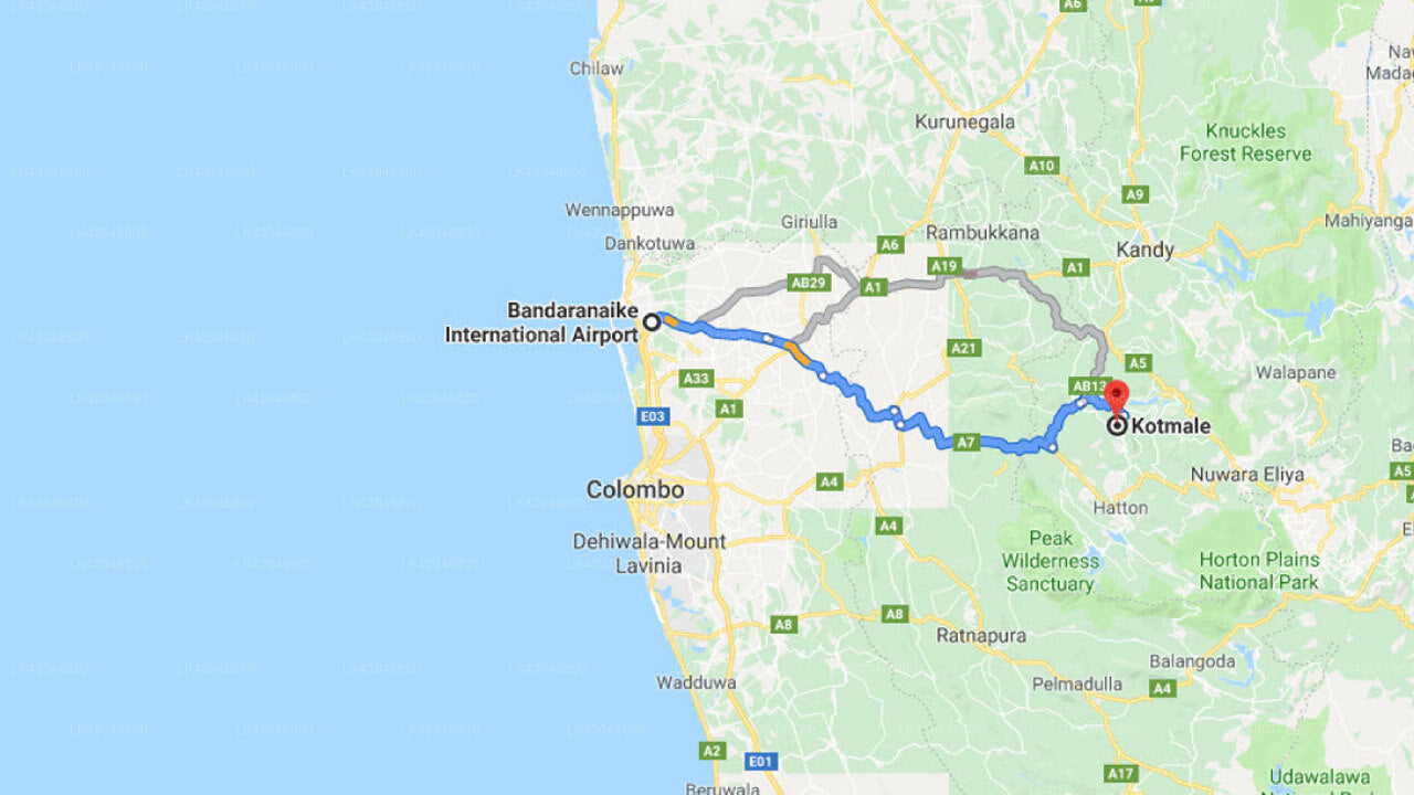 Transfer between Colombo Airport (CMB) and Kothmale Holiday Bungalow, Kothmale