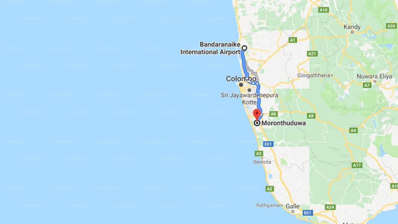Transfer between Colombo Airport (CMB) and Owinka Lake Resort, Moronthuduwa