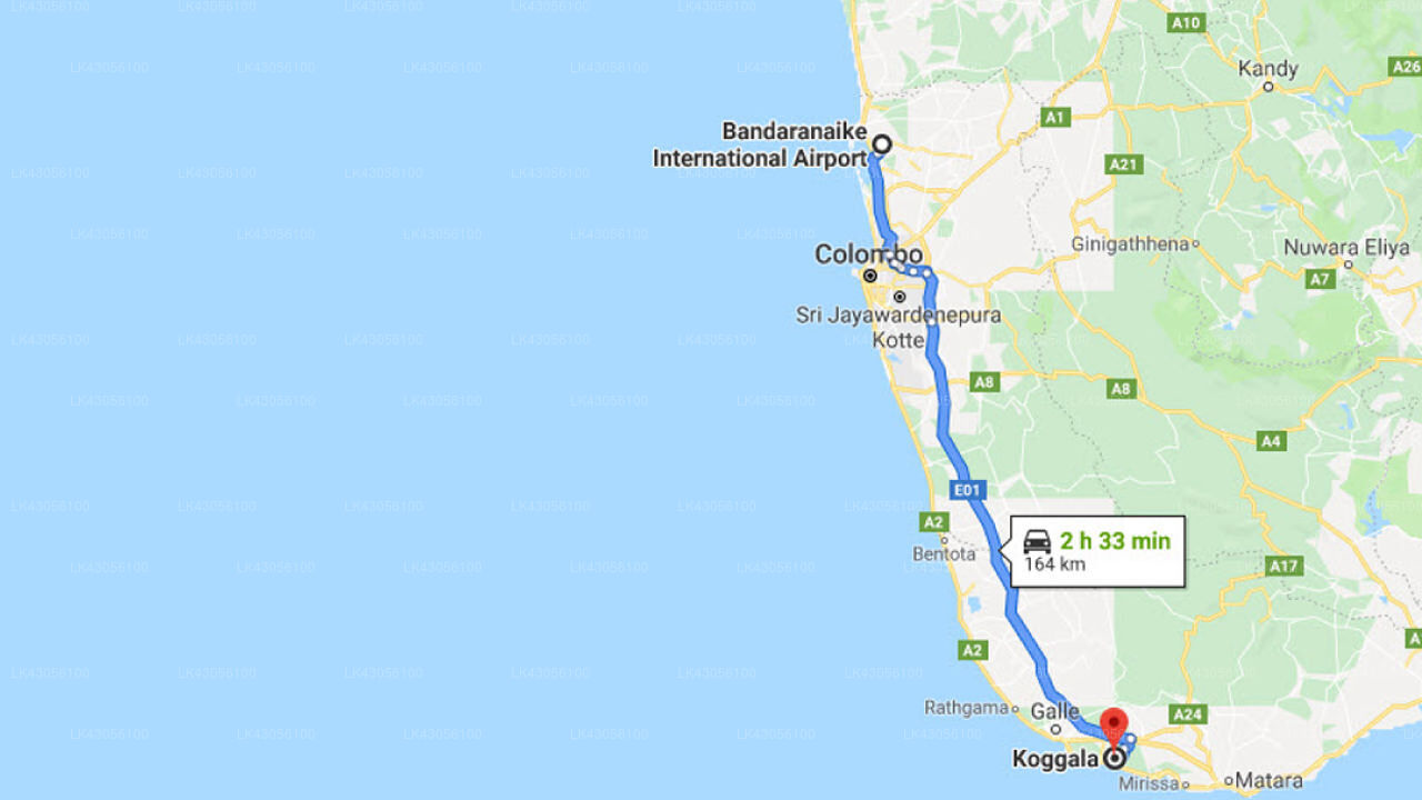 Transfer between Colombo Airport (CMB) and Pooja Kanda, Koggala