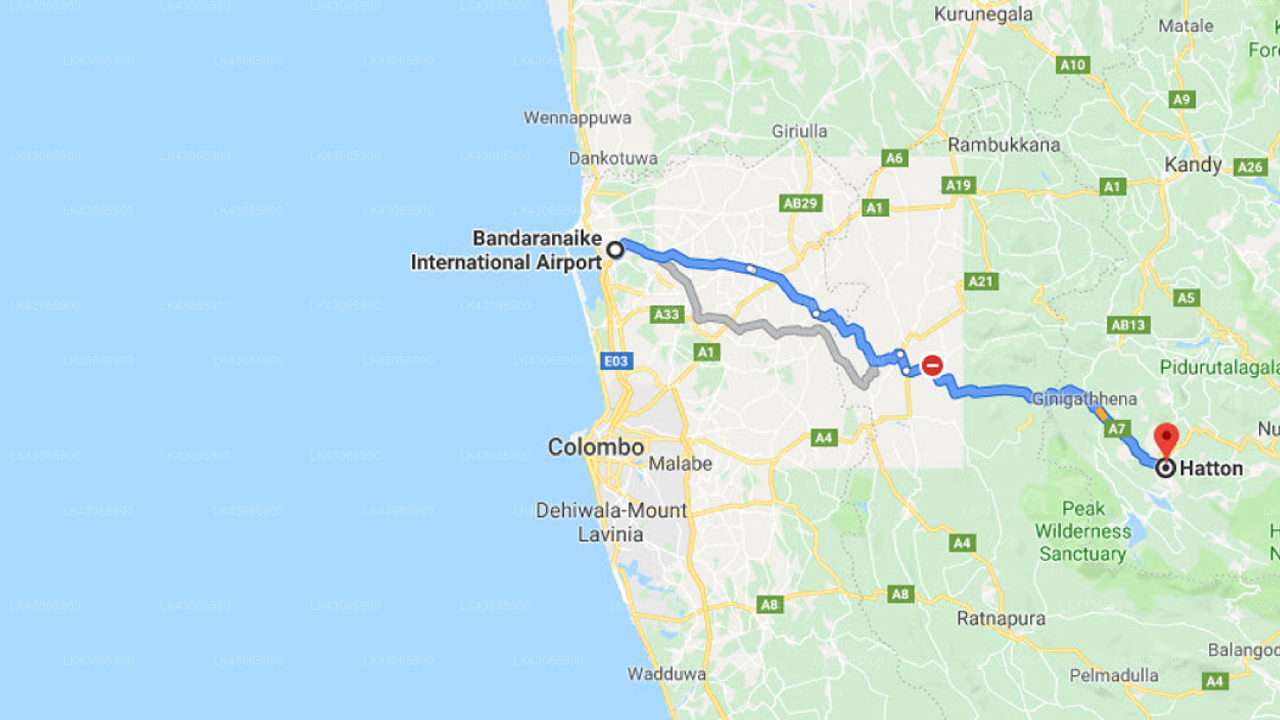 Transfer between Colombo Airport (CMB) and Agraoya Holiday Bungalow, Hatton