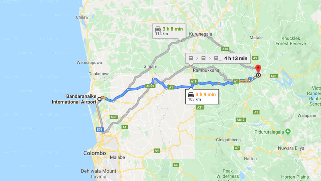 Transfer between Colombo Airport (CMB) and Bowlana Bungalow, Kandy