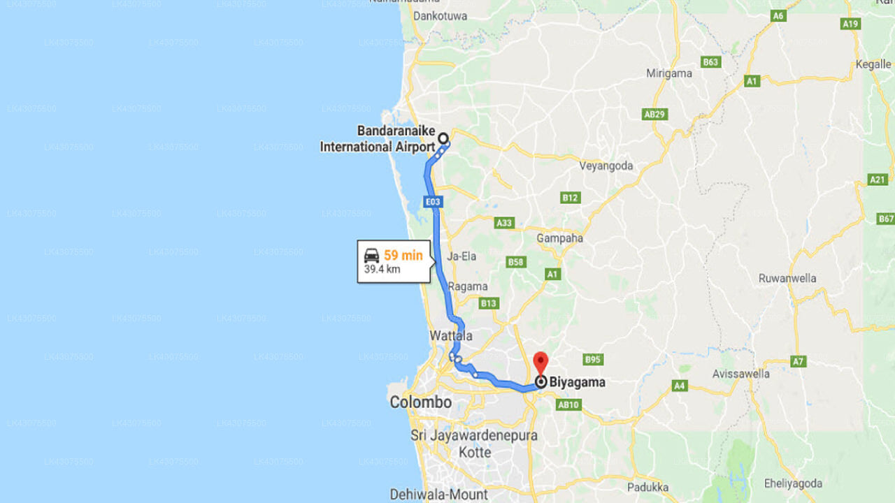 Transfer between Colombo Airport (CMB) and Hotel P.T. Gardens, Biyagama