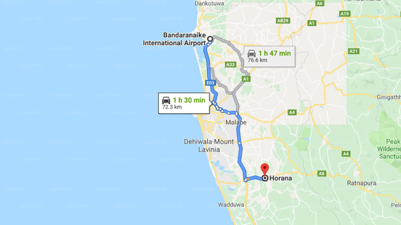 Transfer between Colombo Airport (CMB) and Governors River Lodge Horana, Horana