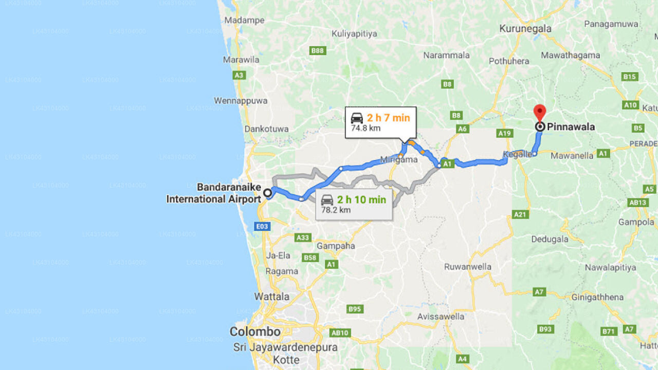Transfer between Colombo Airport (CMB) and Himawwa Holiday Resort, Pinnawala