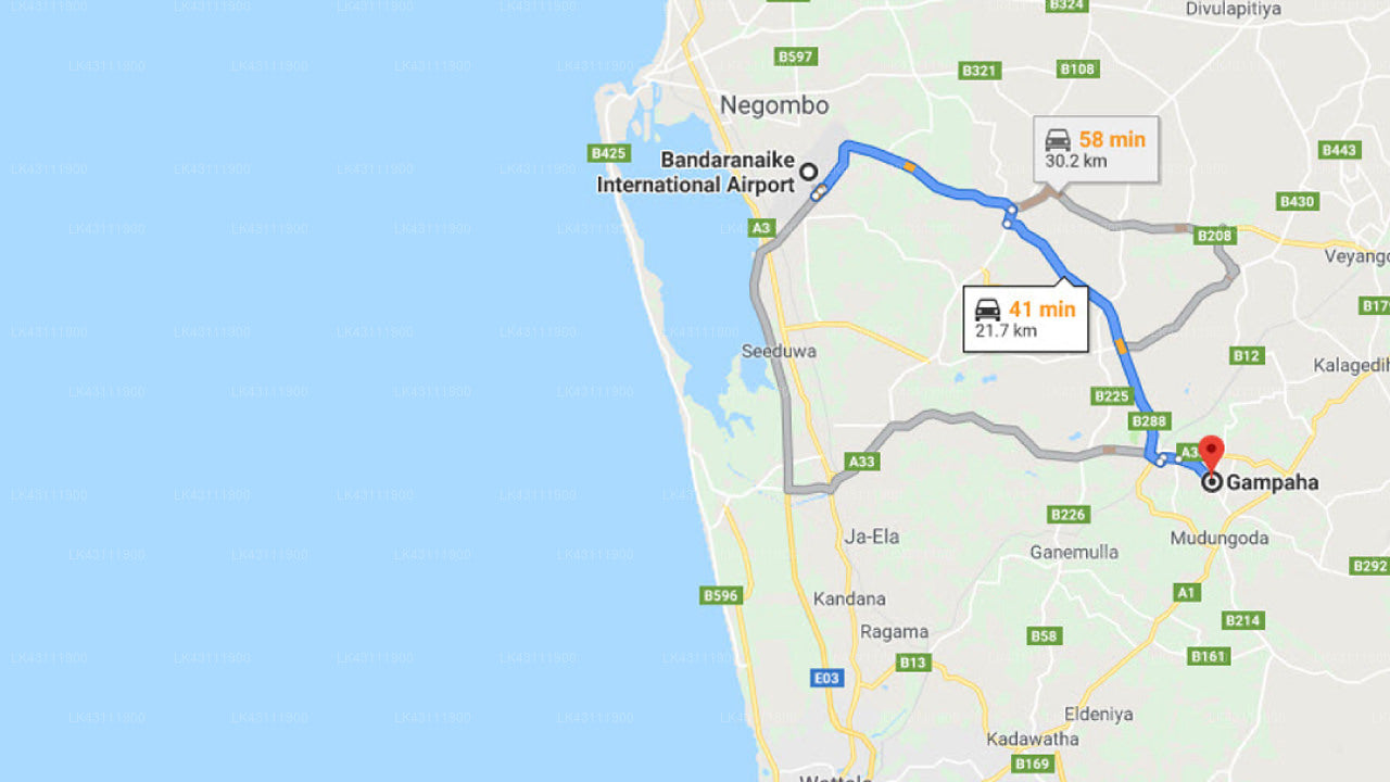 Transfer between Colombo Airport (CMB) and Kekuna Uyana Guest, Gampaha