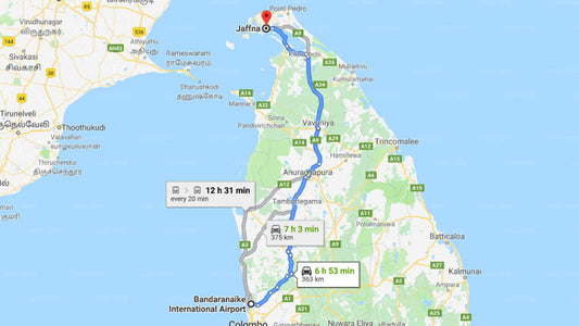 Transfer between Colombo Airport (CMB) and Thinakkural Rest, Jaffna