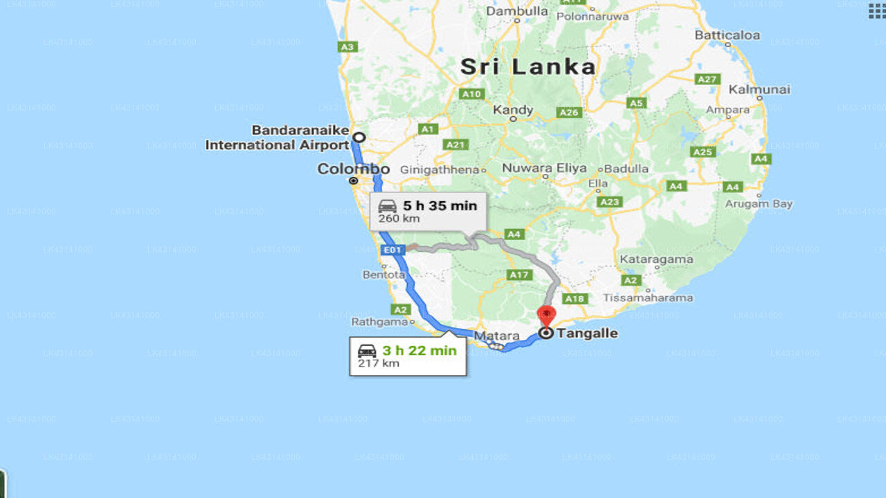 Transfer between Colombo Airport (CMB) and Sanjis The Seaside Cabanas, Tangalle