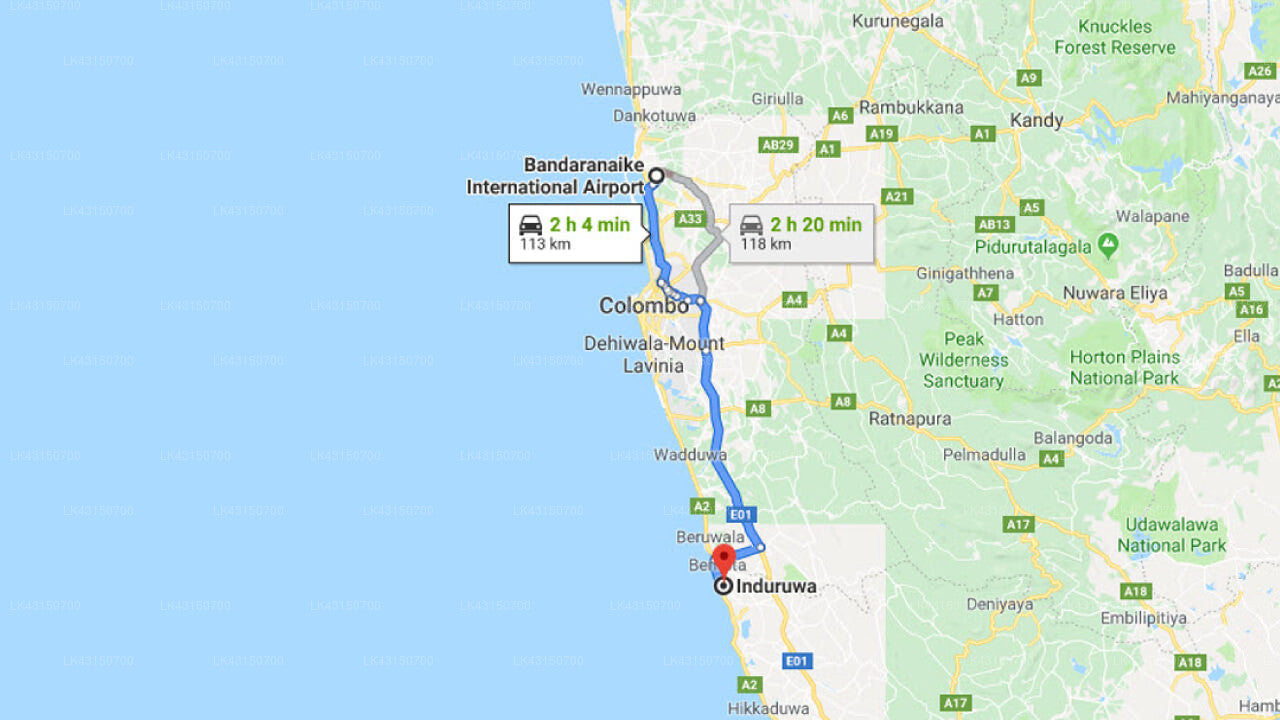 Transfer between Colombo Airport (CMB) and Hotel Panchi Beach, Induruwa