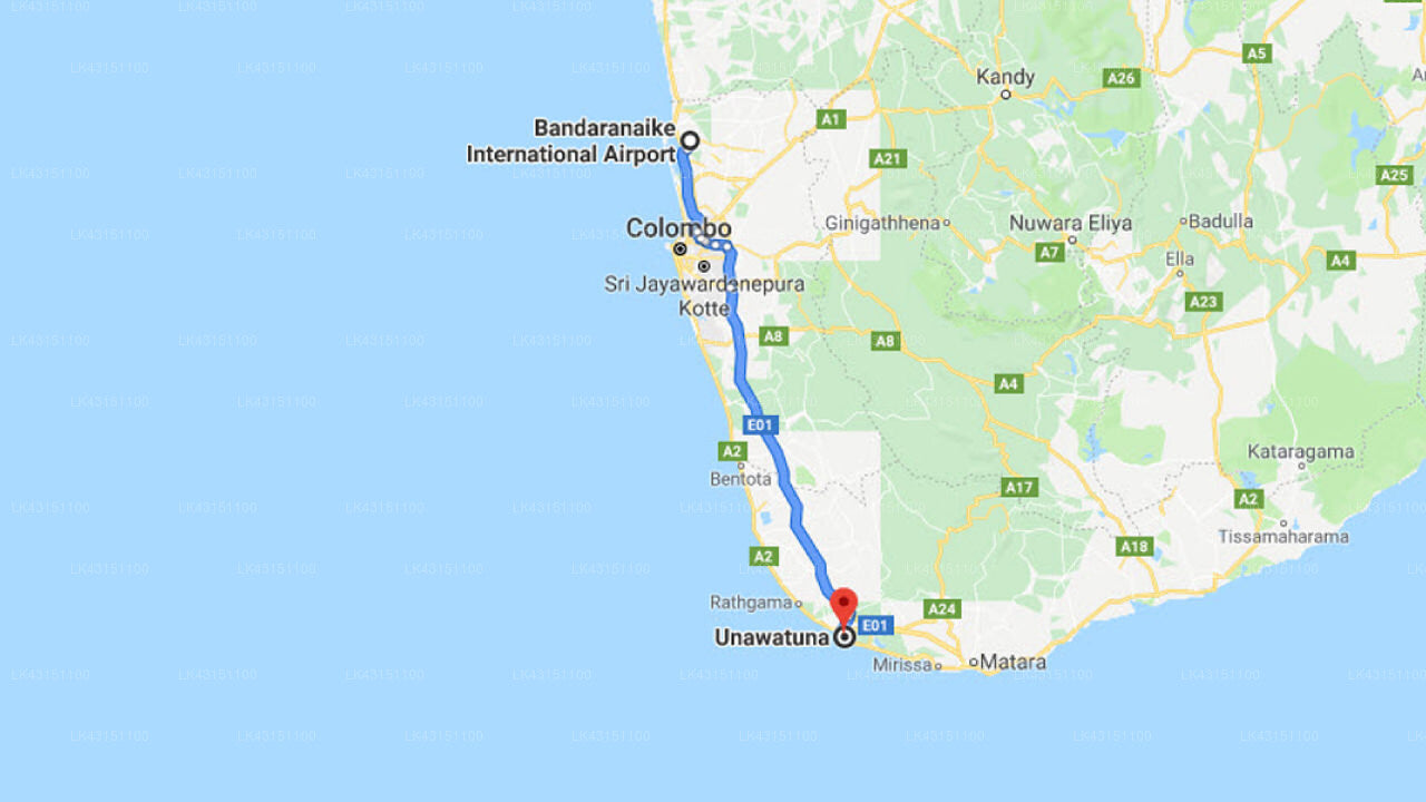 Transfer between Colombo Airport (CMB) and Kingfisher Hotel and Restaurant, Unawatuna