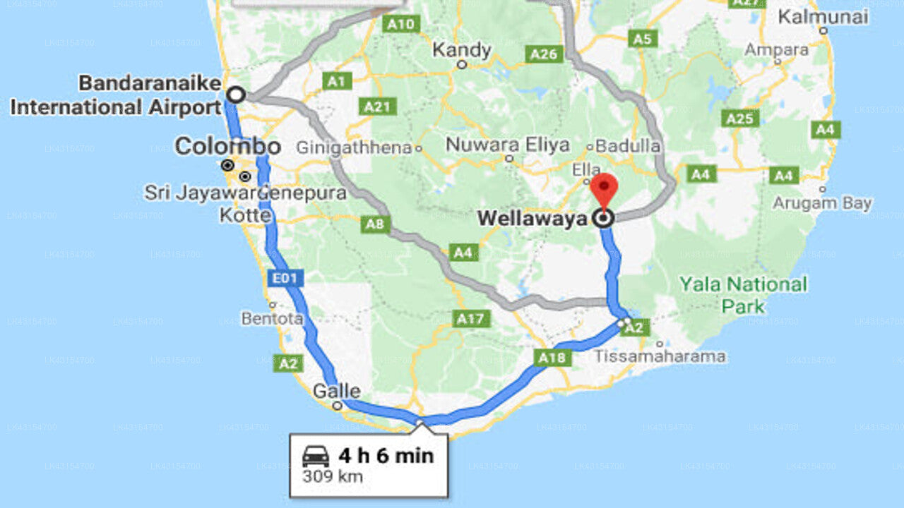 Transfer between Colombo (CMB) Airport and Kuda Oya Cottage, Wellawaya