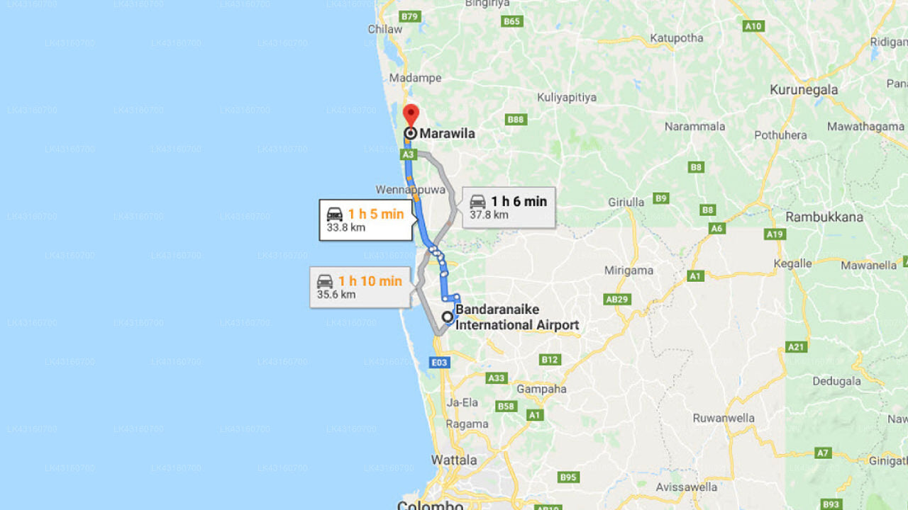Transfer between Colombo Airport (CMB) and Platinum Marawila, Marawila