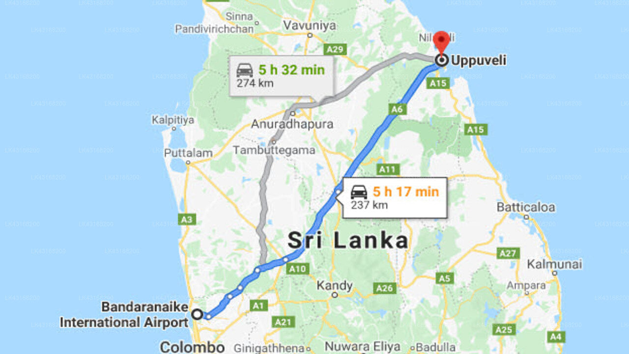 Transfer between Colombo Airport (CMB) and Jetwing Reef, Uppuveli