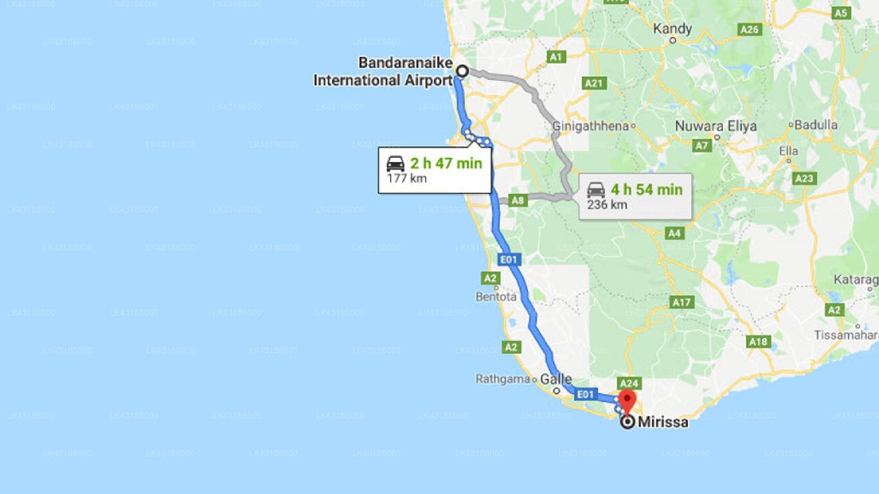 Transfer between Colombo Airport (CMB) and Hotel Silan Mo, Mirissa