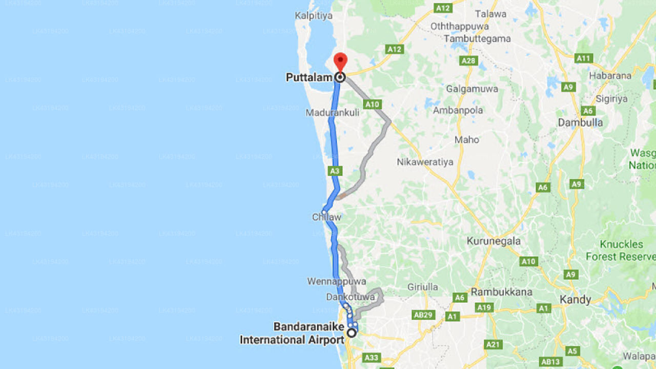 Transfer between Colombo Airport (CMB) and The Grove, Puttalam