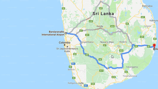 Transfer between Colombo Airport (CMB) and Bay Vista, Arugam Bay