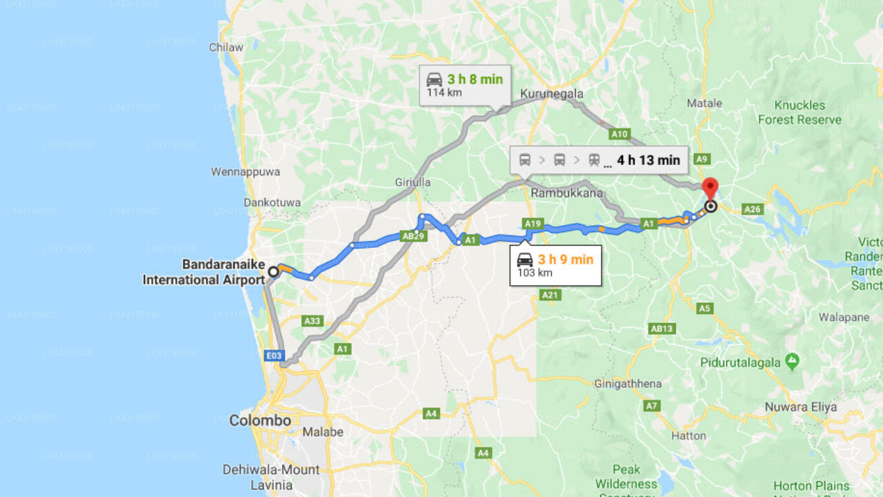 Transfer between Colombo Airport (CMB) and Mountbatten Bungalow, Kandy