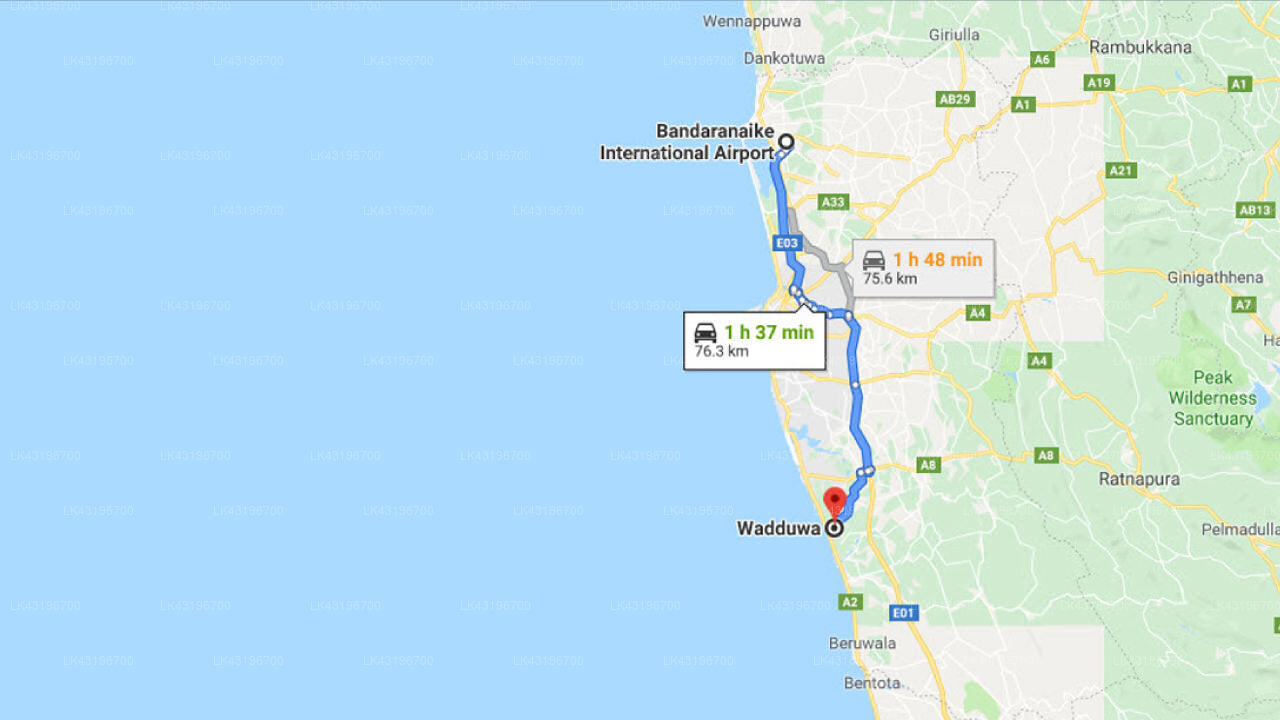 Transfer between Colombo Airport (CMB) and Aaron's Beach Villa, Wadduwa