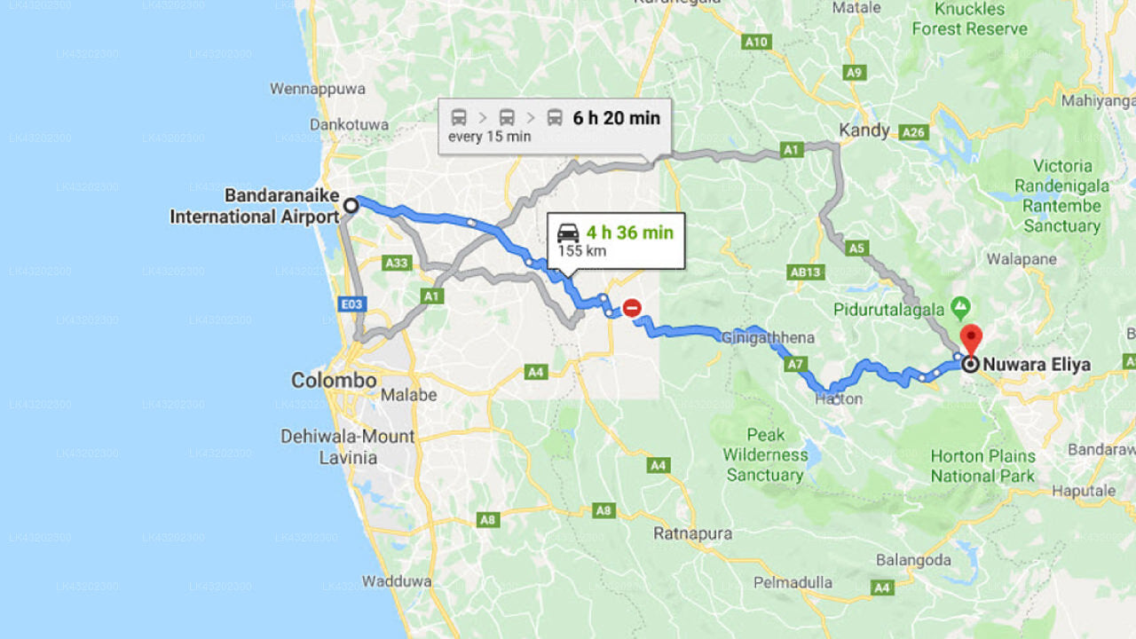 Transfer between Colombo Airport (CMB) and Hotel Royal Hills, Nuwara Eliya