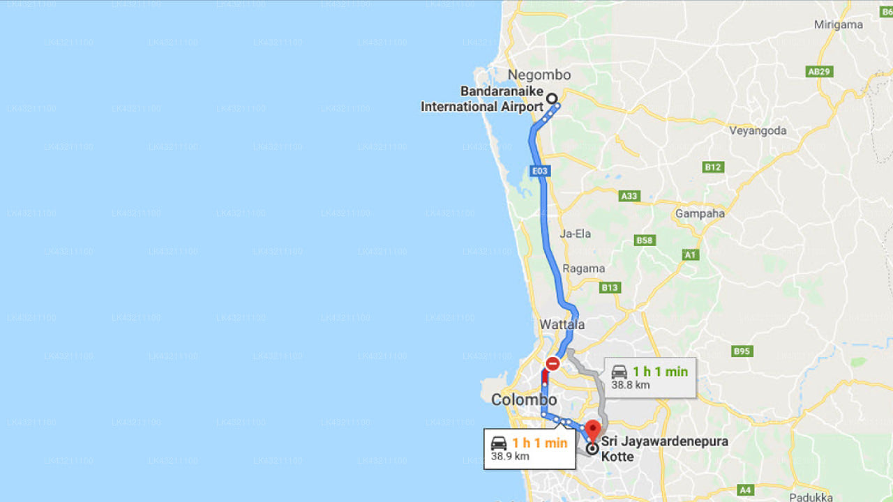 Transfer between Colombo Airport (CMB) and Villa Escondite, Kotte