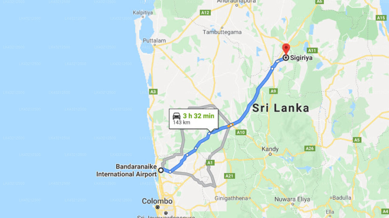 Transfer between Colombo Airport (CMB) and Pinthaliya Resort and Spa, Sigiriya