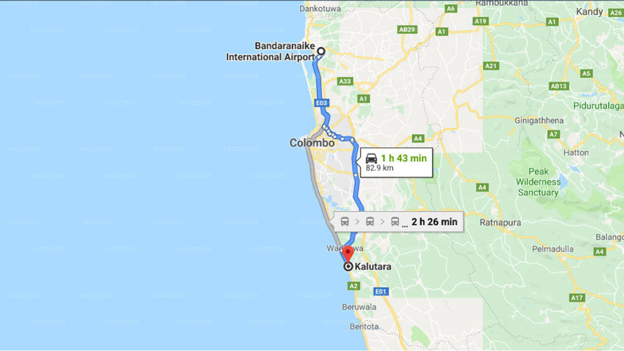 Transfer between Colombo Airport (CMB) and Club Waskaduwa Beach Resort, Kalutara