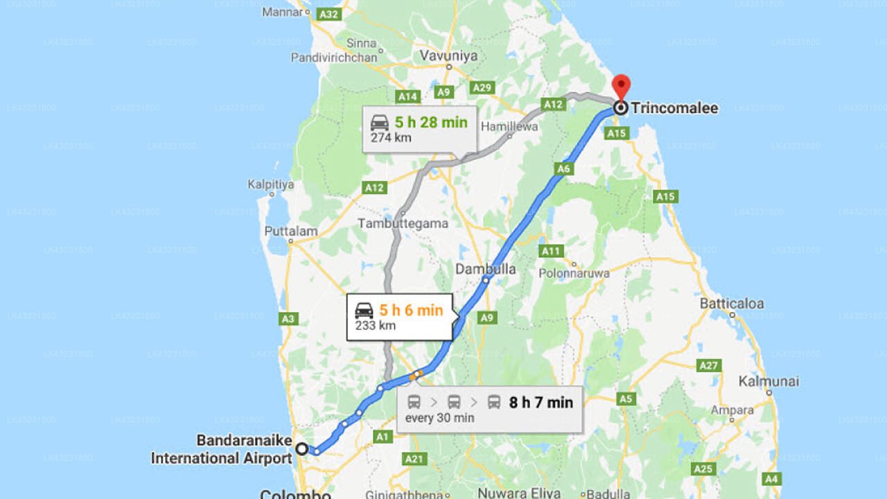 Transfer between Colombo Airport (CMB) and Margosa Bay, Trincomalee
