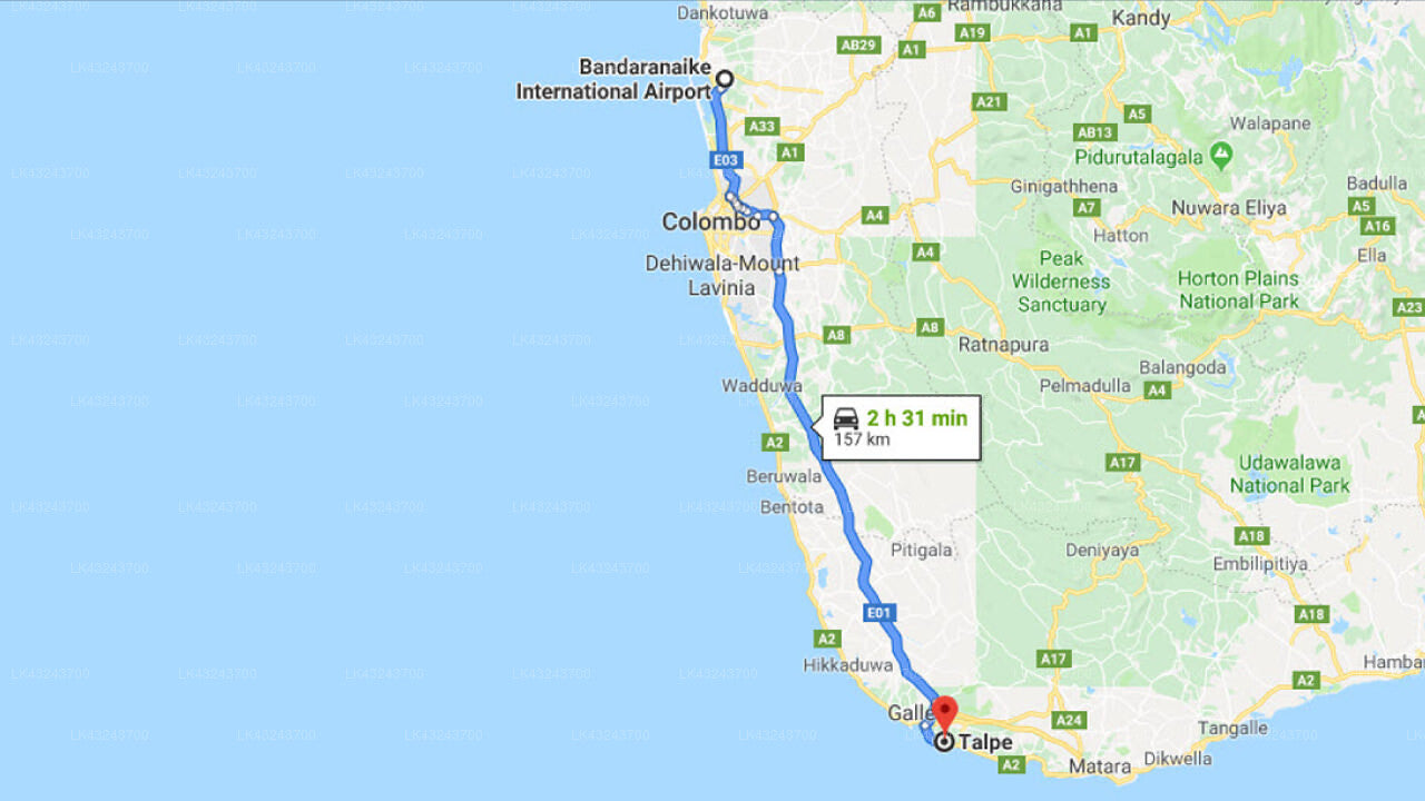 Transfer between Colombo Airport (CMB) and Galle Henna Estate, Talpe
