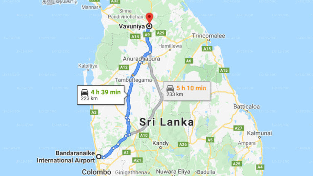 Transfer between Colombo Airport (CMB) and Hotel Oviya, Vavuniya