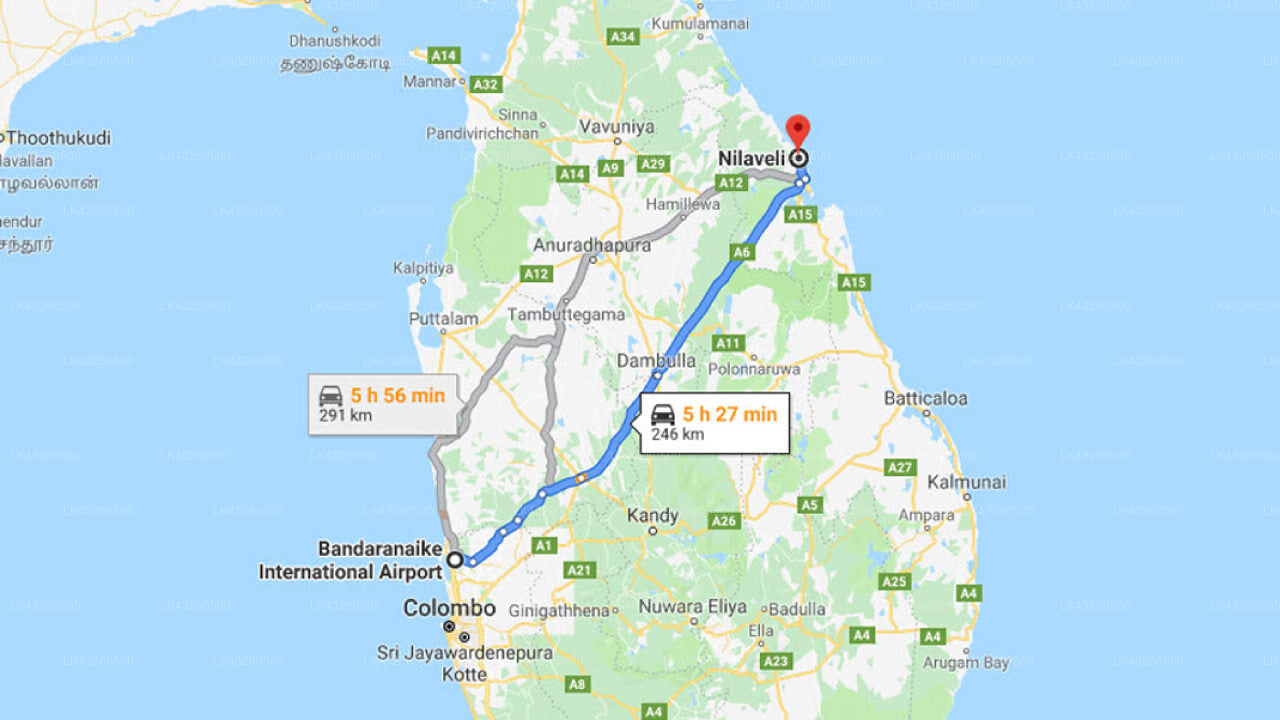 Transfer between Colombo Airport (CMB) and Nilaveli Palm House, Nilaveli