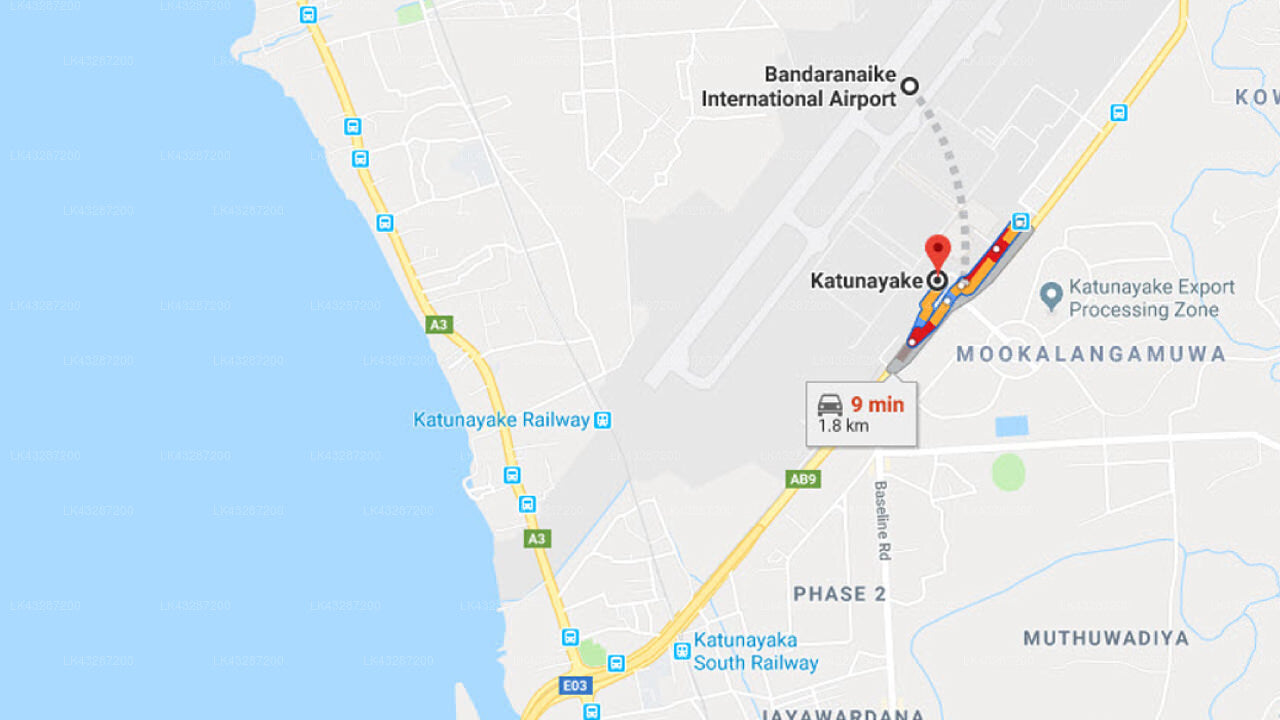 Transfer between Colombo Airport (CMB) and Airport A4 Transit Residence, Katunayake