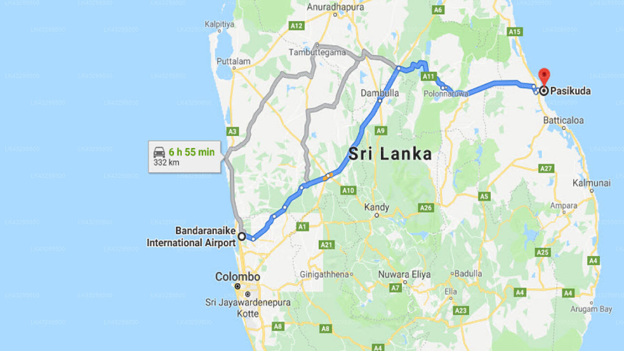 Transfer between Colombo Airport (CMB) and Anantaya Resort and Spa, Pasikuda